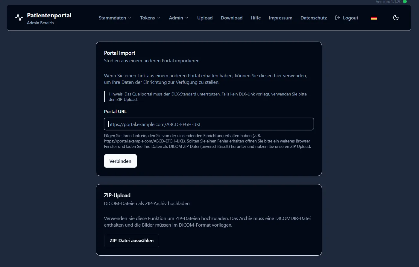 RadioWeb Upload-Portal: Fremdaufnahmen per Portal-Link (DLX) oder DICOM-ZIP importieren (Demodaten)